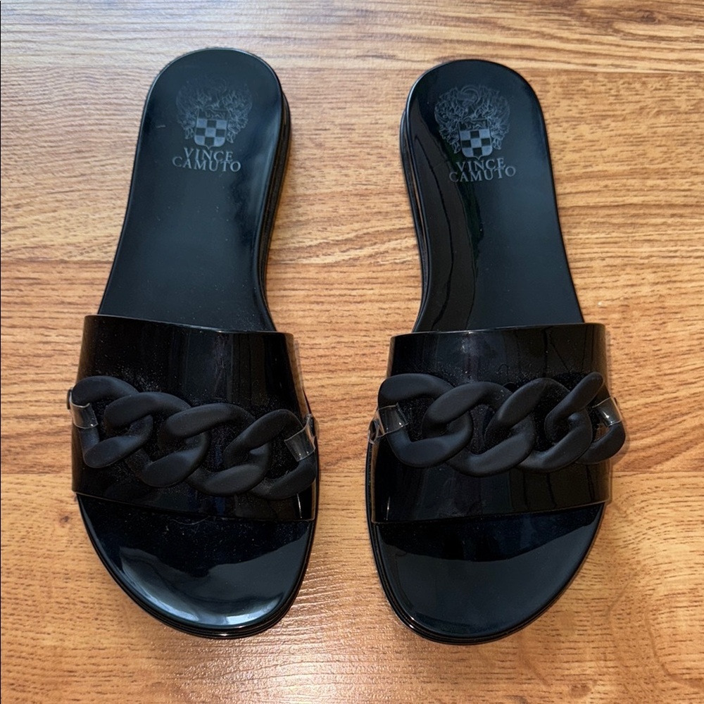 Vince Camuto Black Slide Sandals with Chain-Link Design